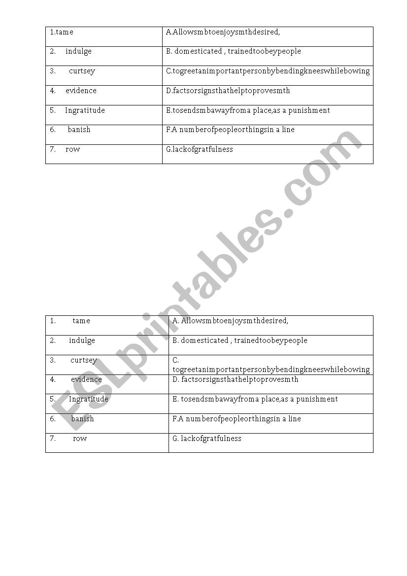 matcing activity worksheet