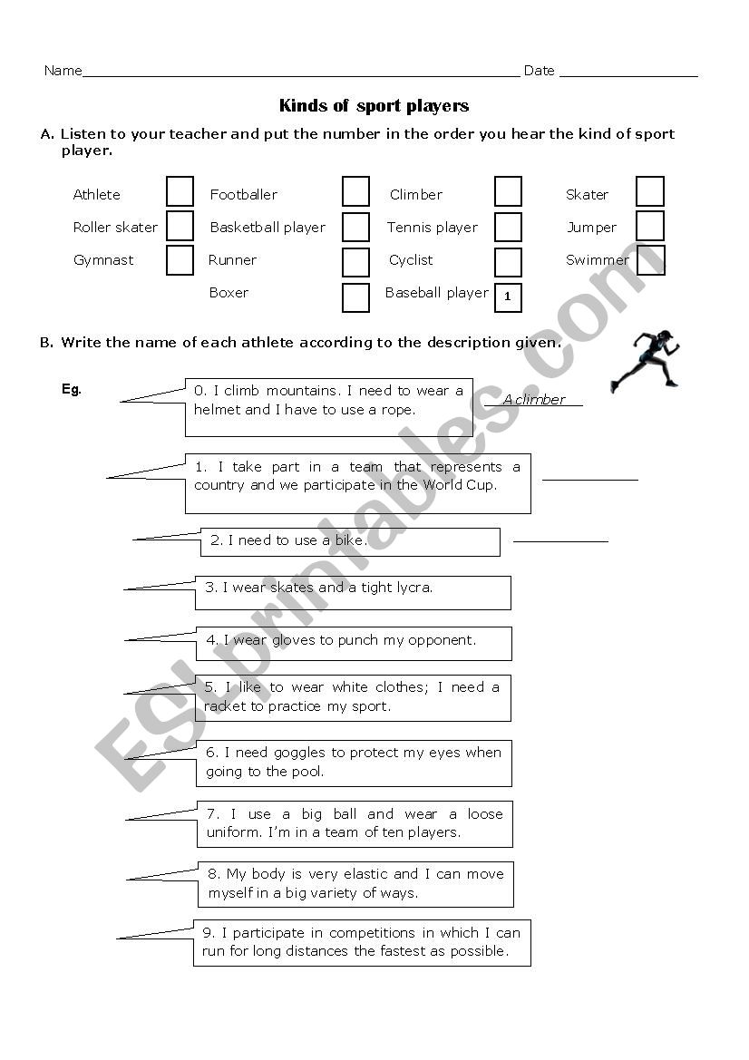 Kinds of sport players worksheet