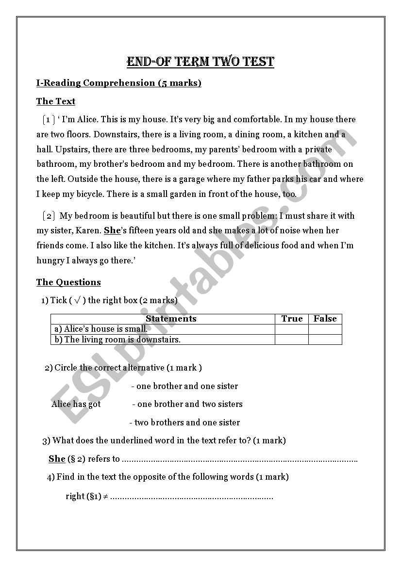 7th form end-of term two test worksheet