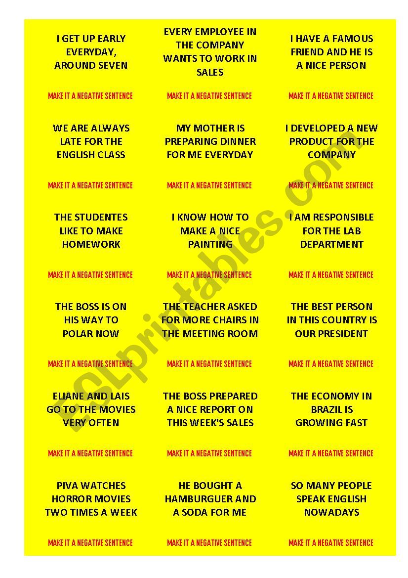 Cards with sentences for grammar practice - 72 cards