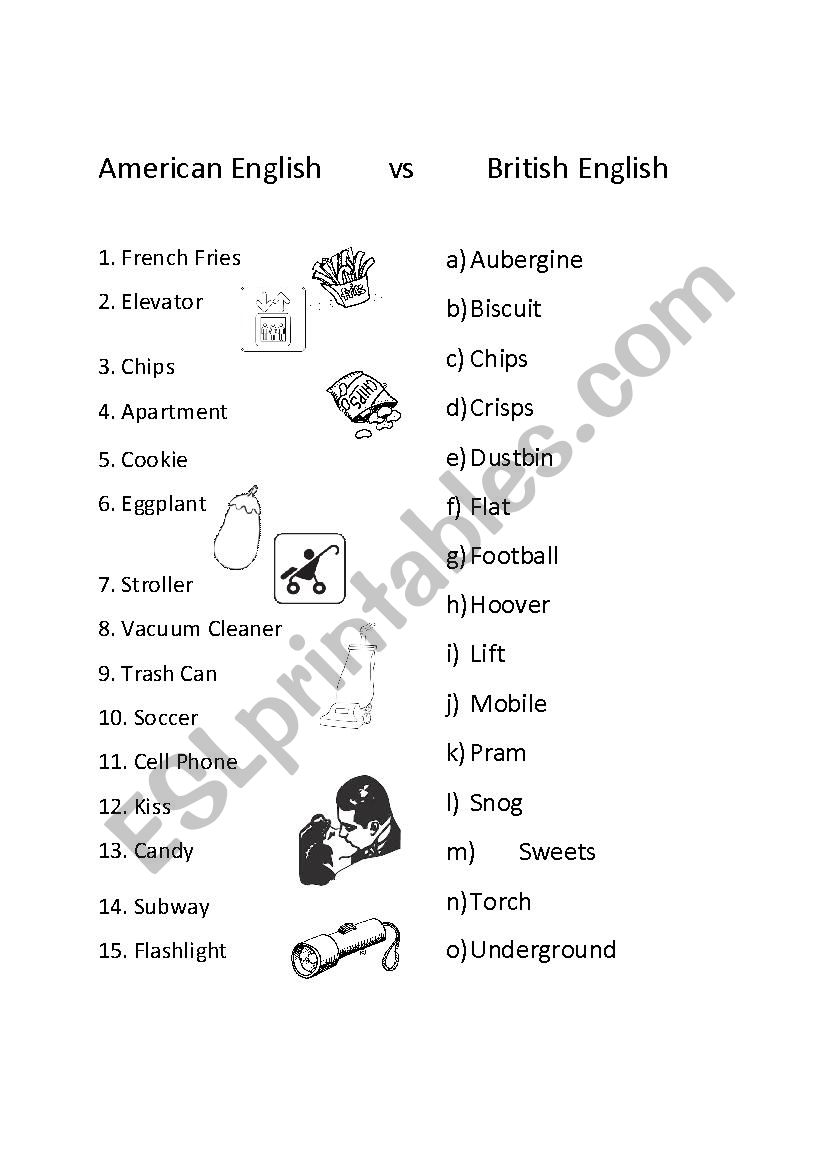 American English vs British English Vocab Matching Worksheet 