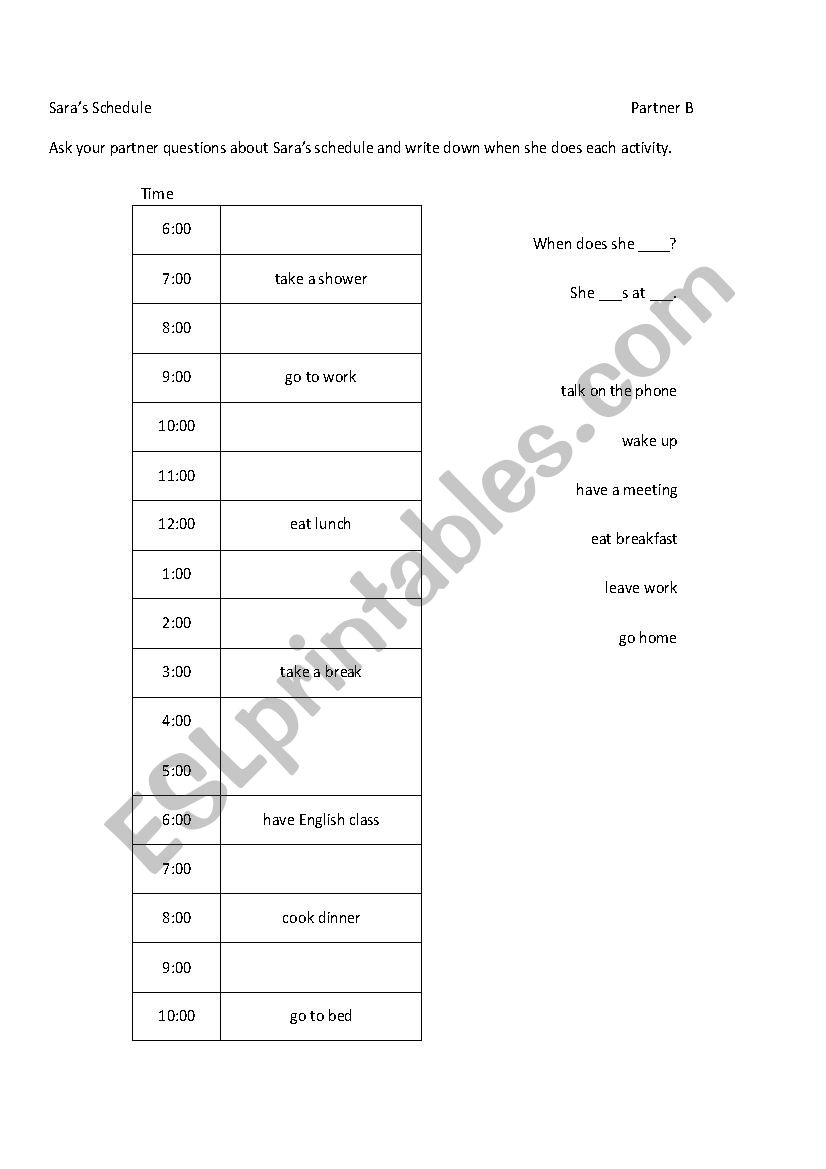 Information Gap Schedule worksheet