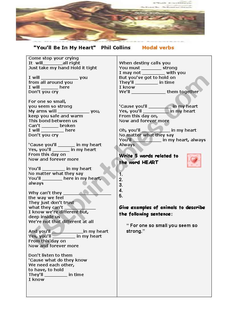 Youll be In My Heart - Song worksheet