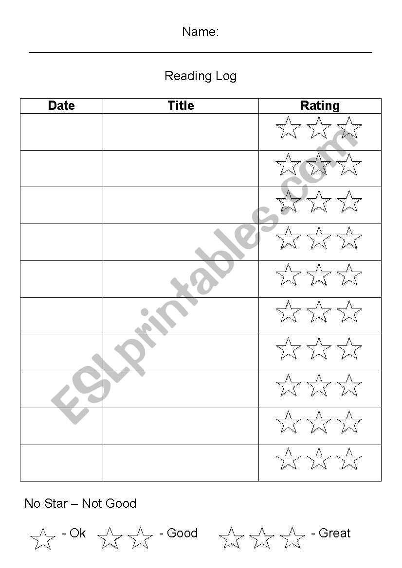 Reading Log worksheet