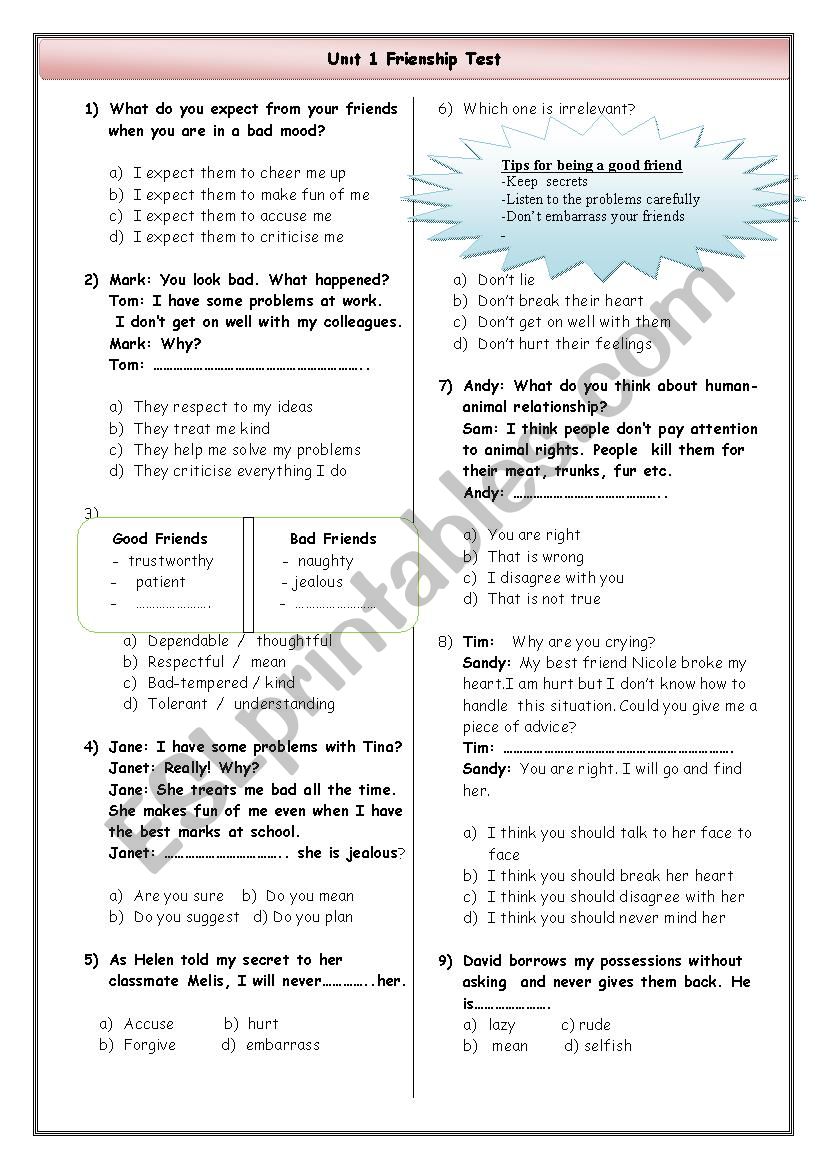 Unt 1 test worksheet