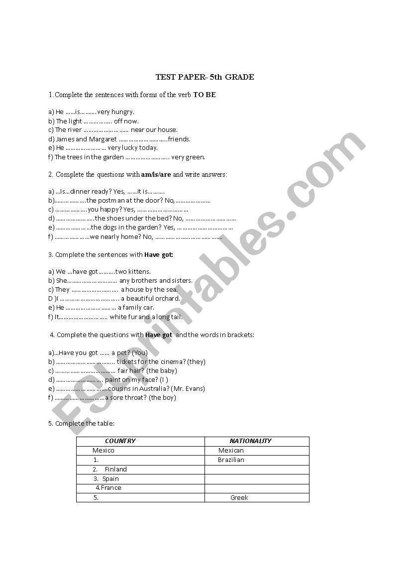 Test -5th grade worksheet