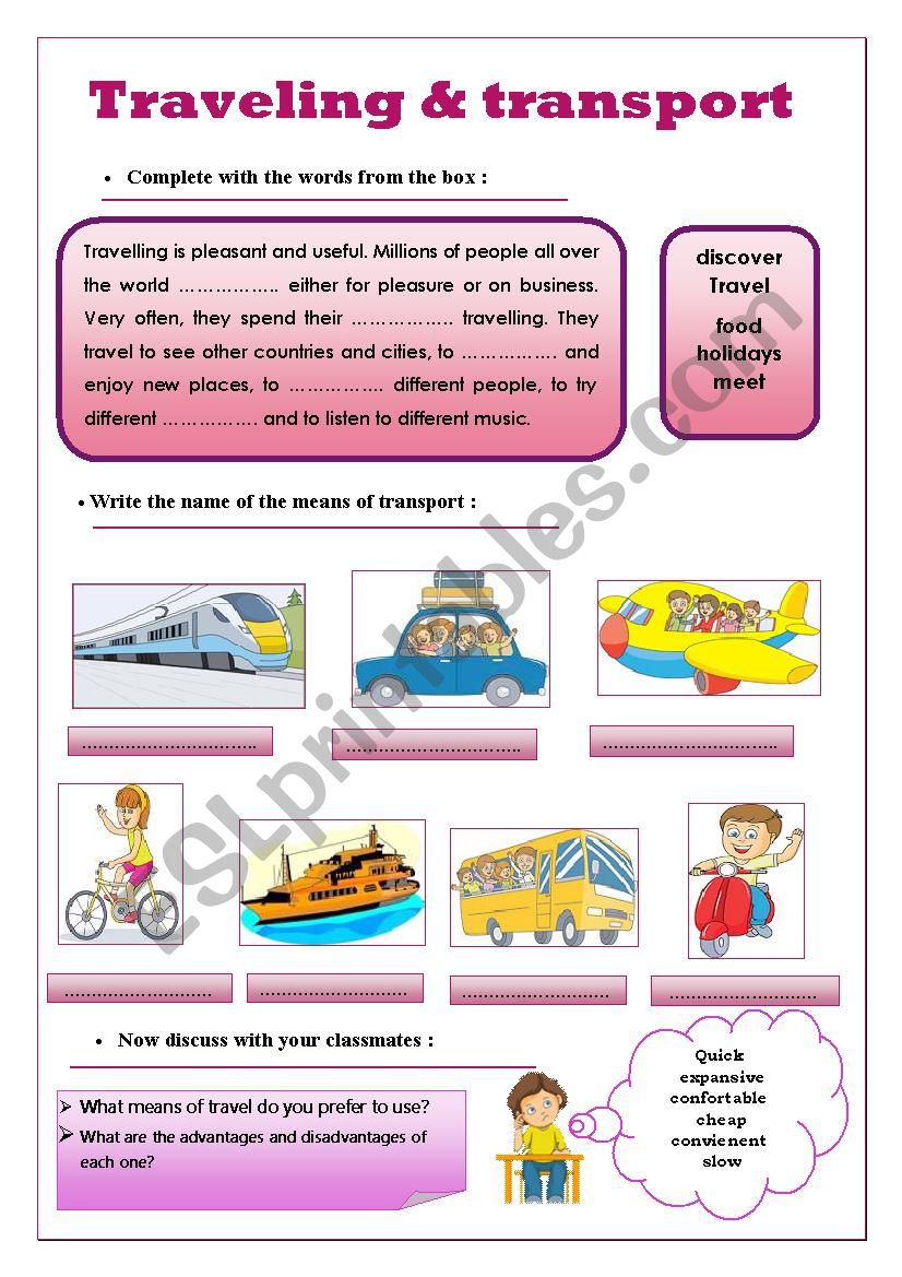 traveling and transport worksheet