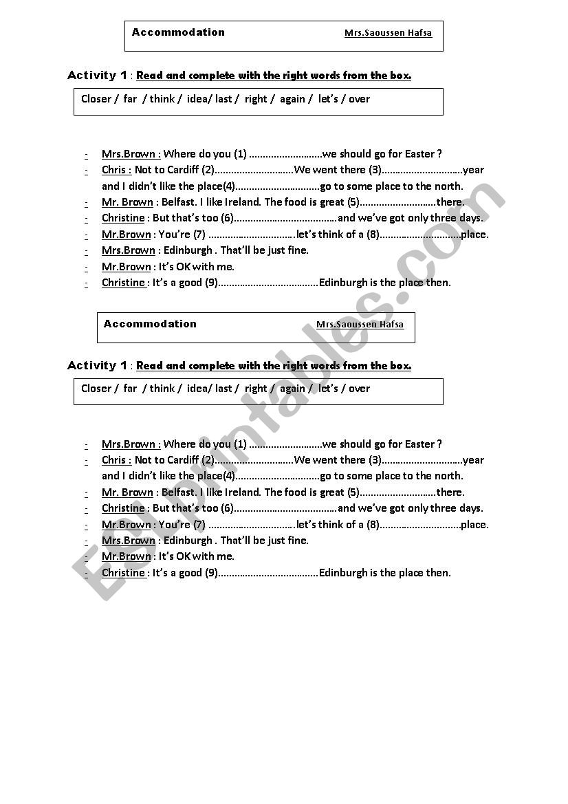 accommodation worksheet