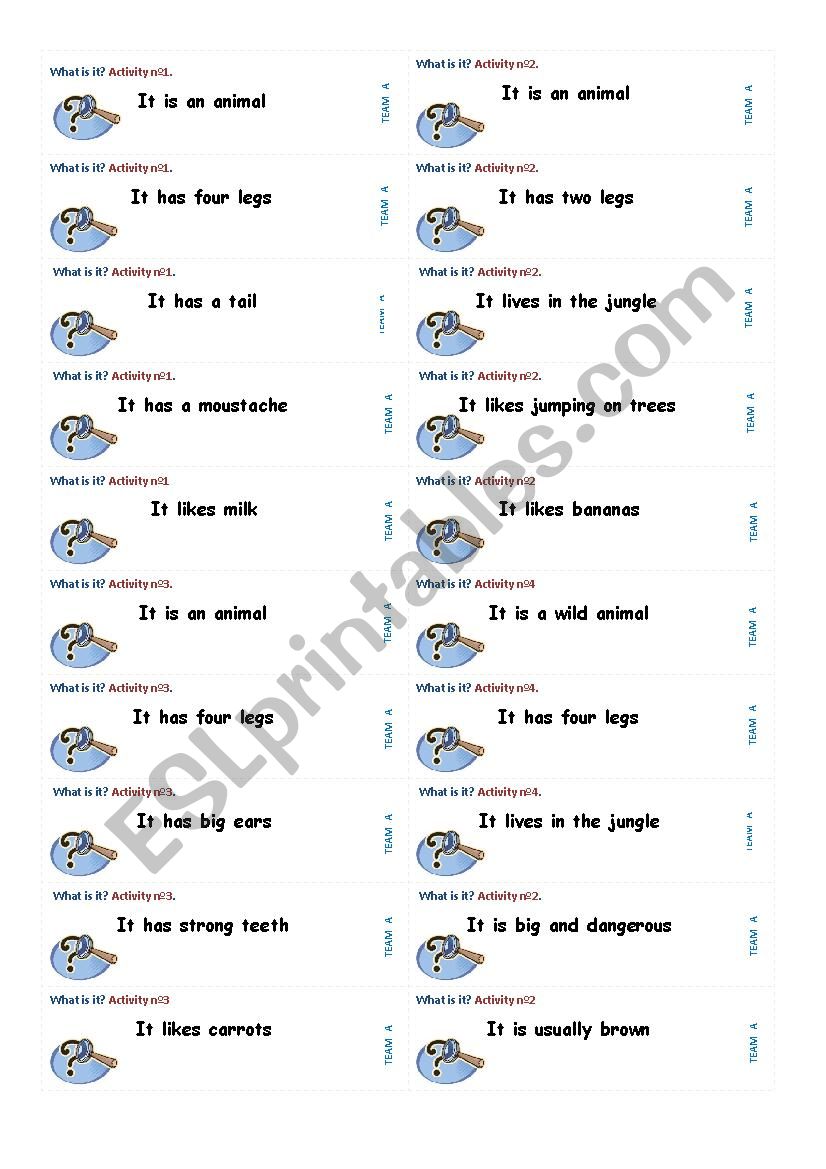 Cards for guessing games worksheet