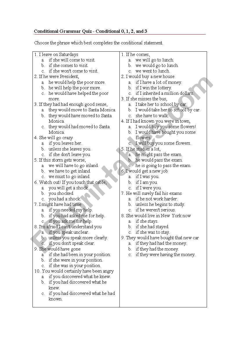 Conditional Grammar Quiz worksheet