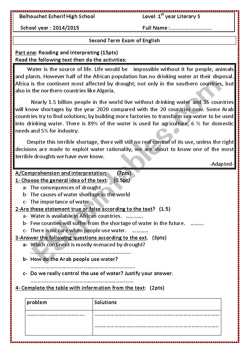 second term exam worksheet