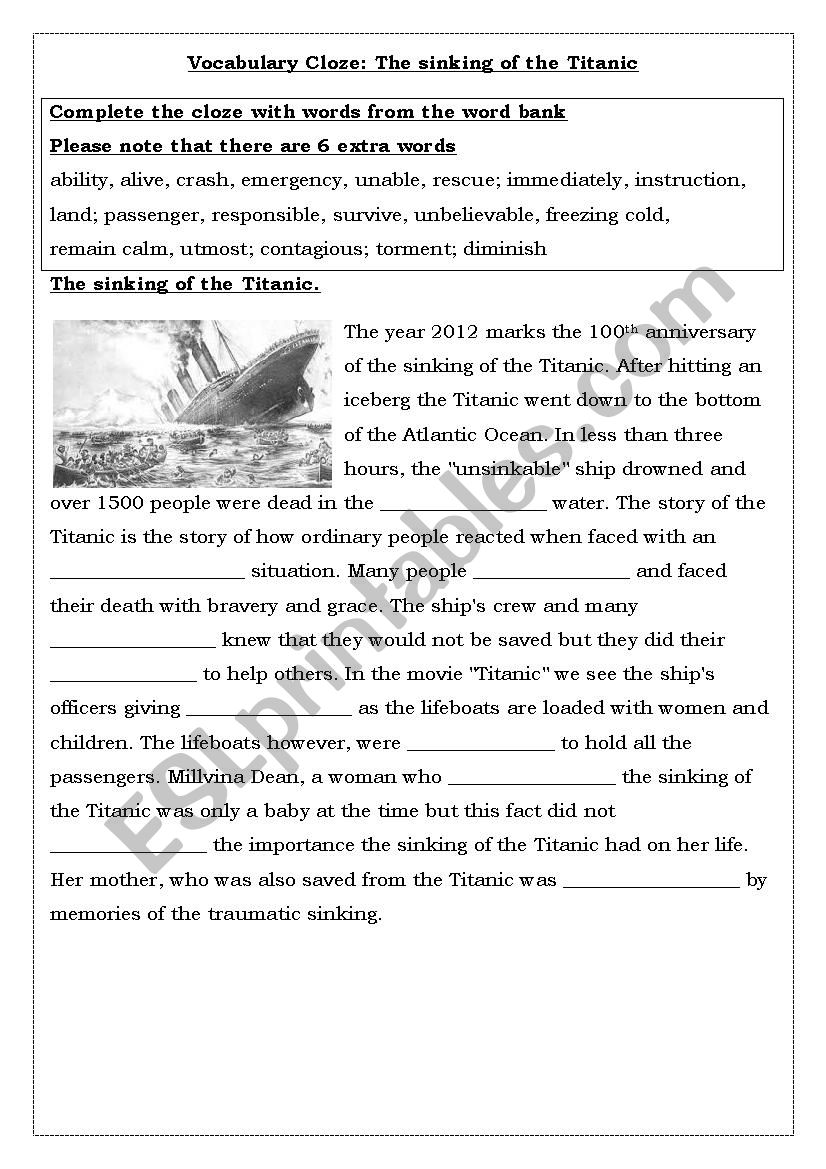 The sinking of the Titanic worksheet