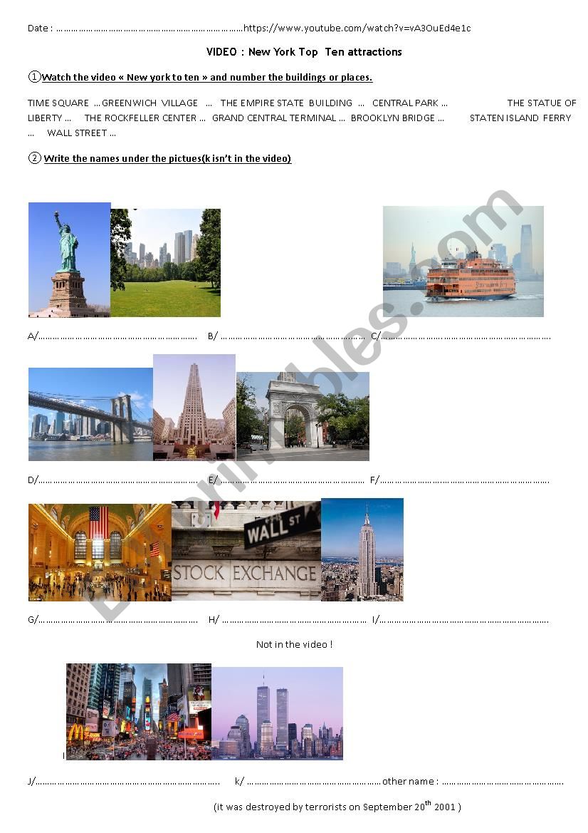 New York top ten attractions worksheet