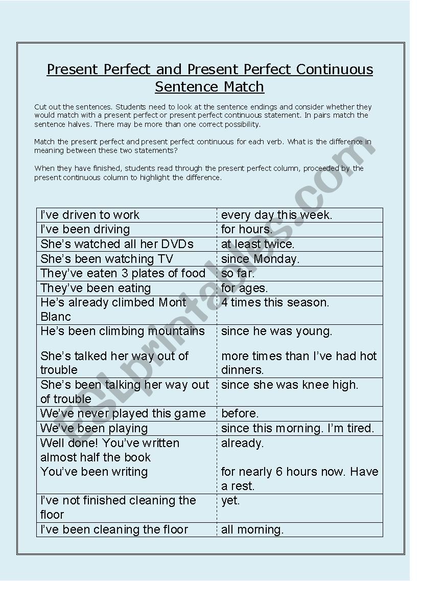 Present perfect and present perfect continuous sentence match