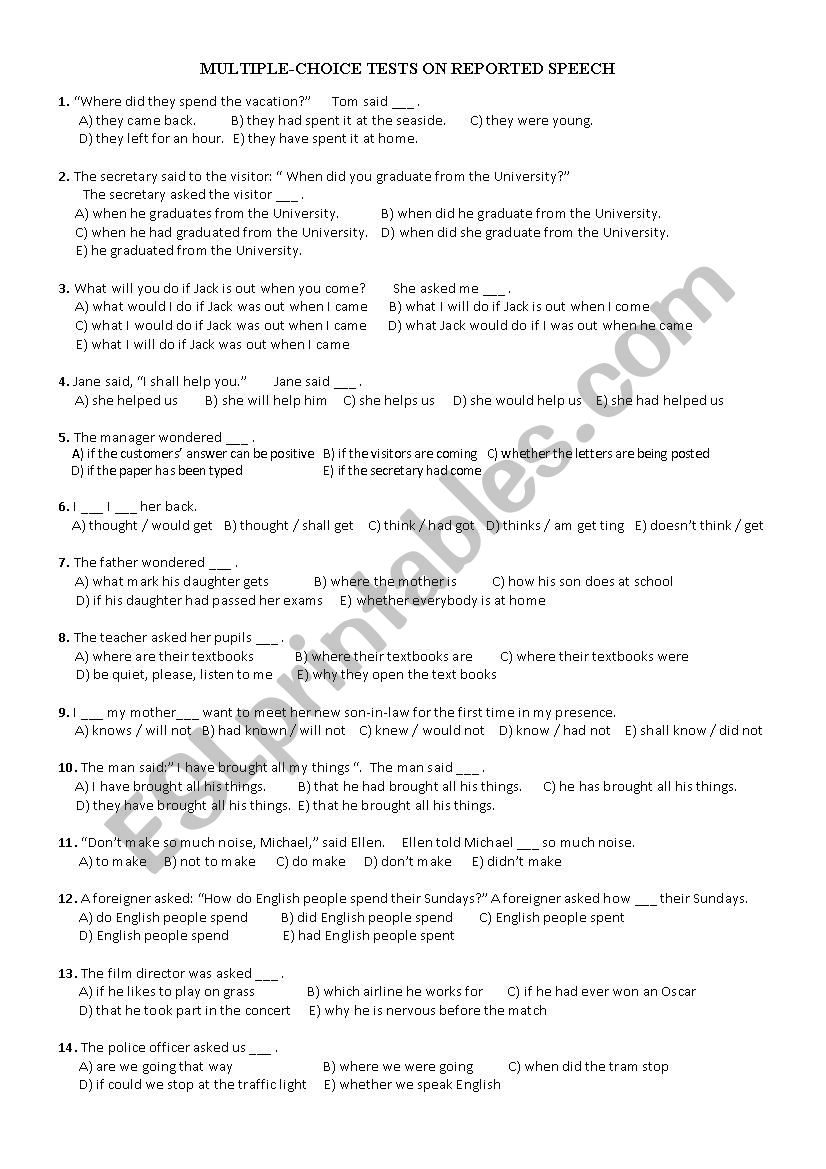 reported speech multiple choice test