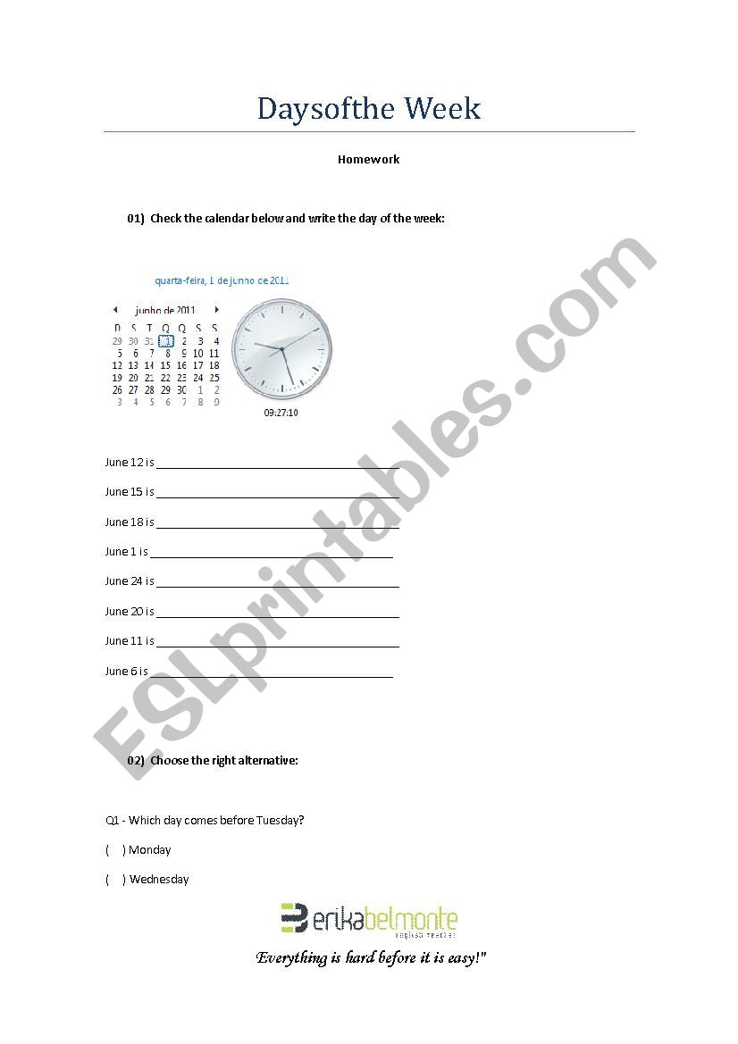 Days of the Week - Homework worksheet