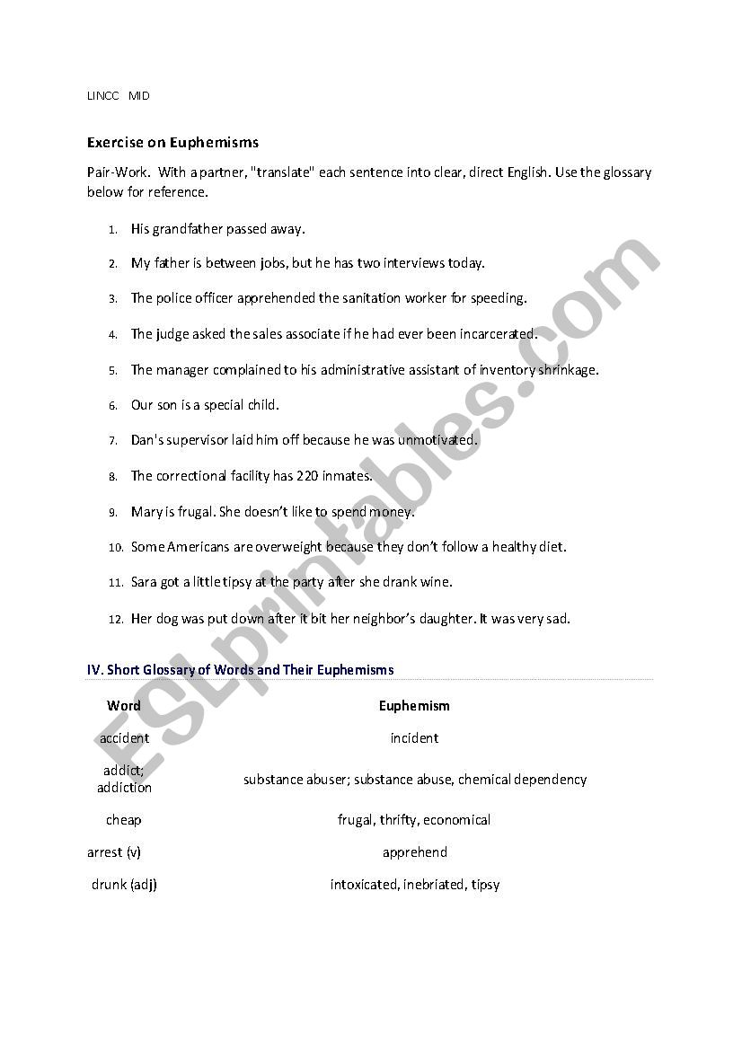 an exercise on euphemisms esl worksheet by feusa78