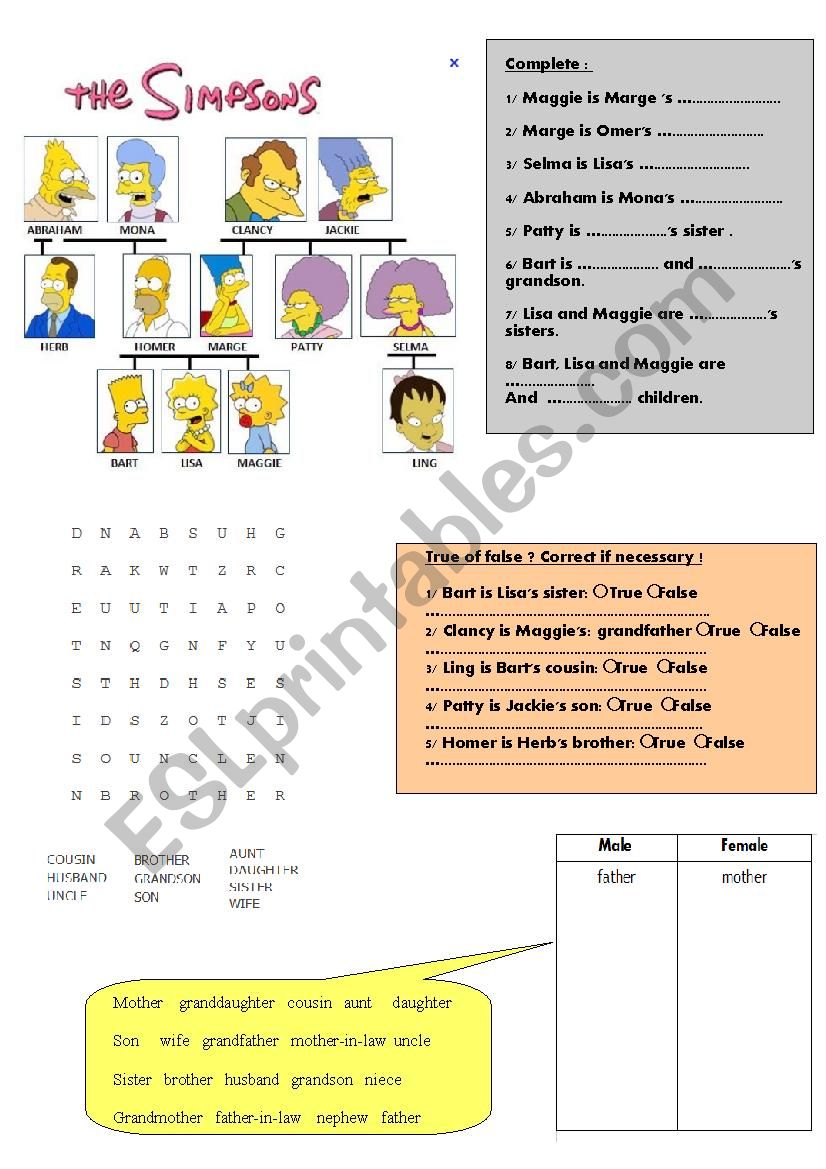 The Simpsons family worksheet