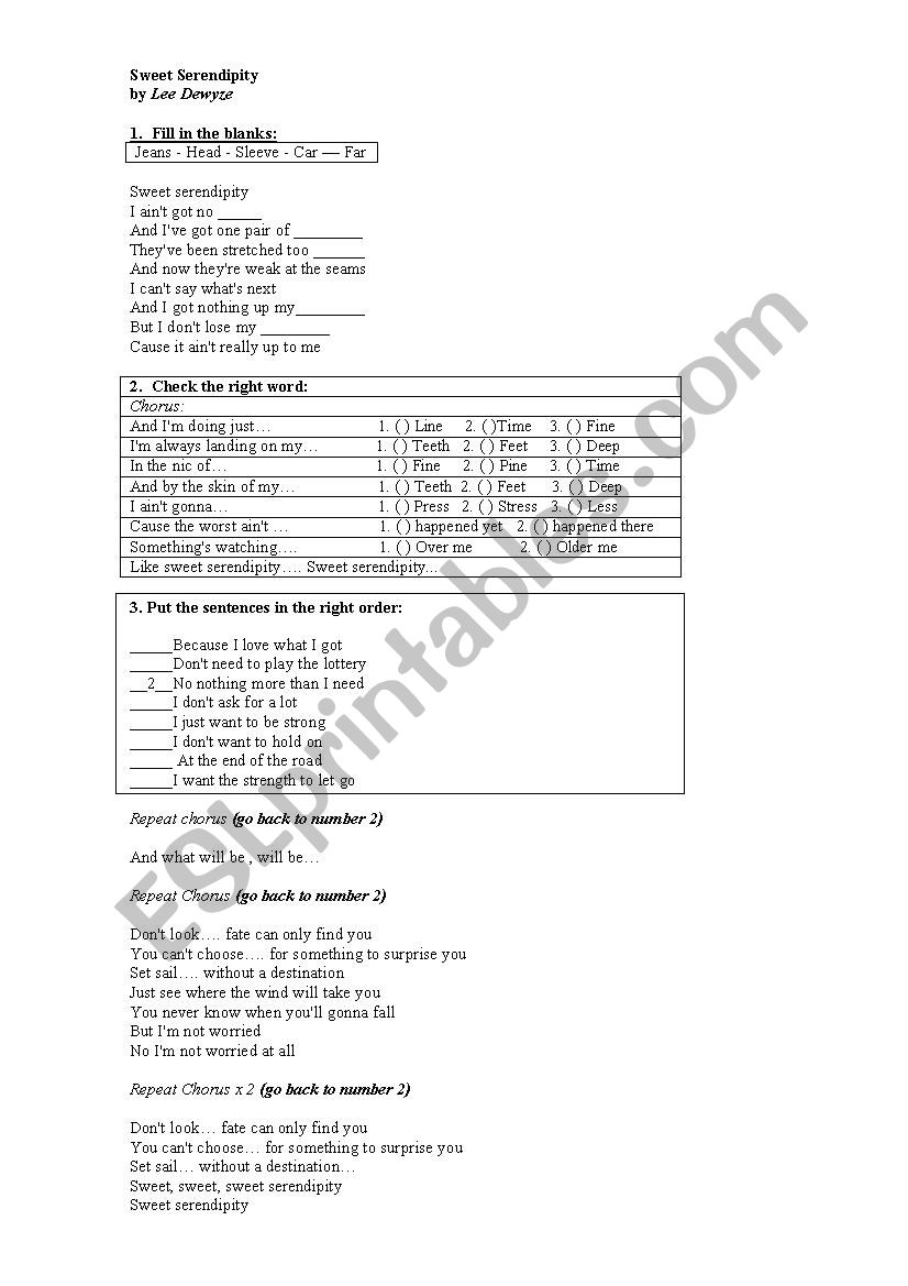 Sweet serendipity worksheet