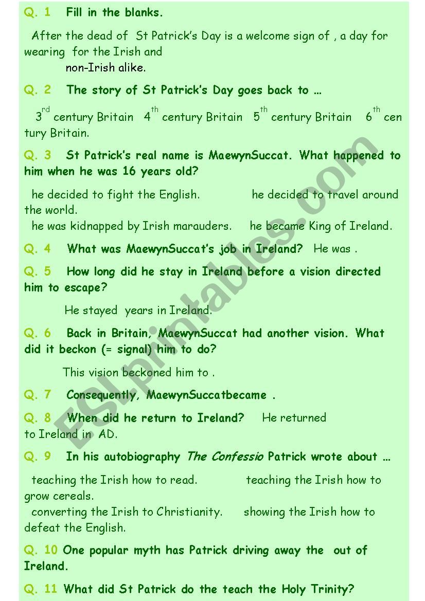 st patrick s day questions worksheet