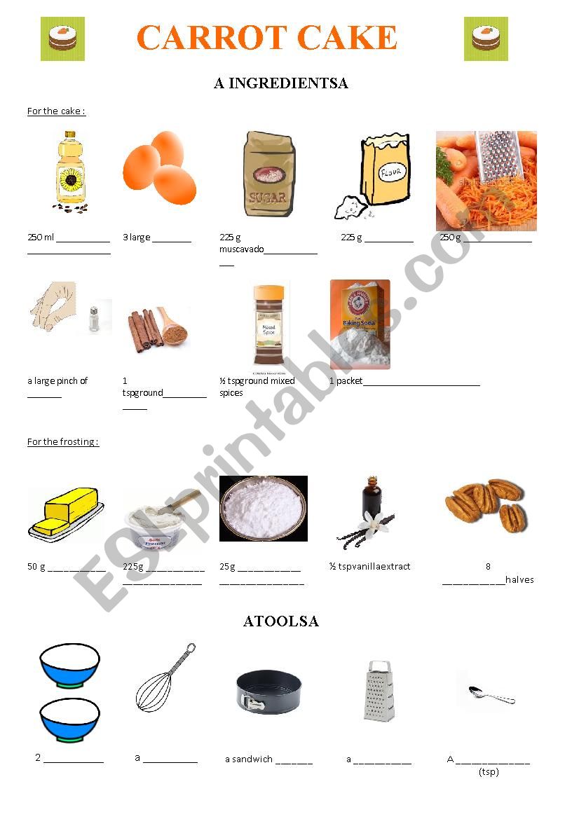 Carrot cake ingredients and kitchen tools