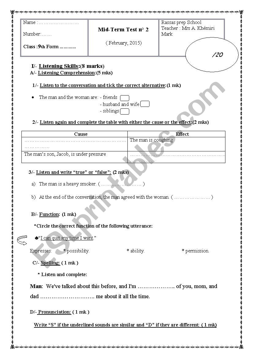 mid term test n2 9th form worksheet