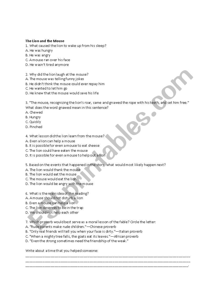 Fable comprehension worksheet