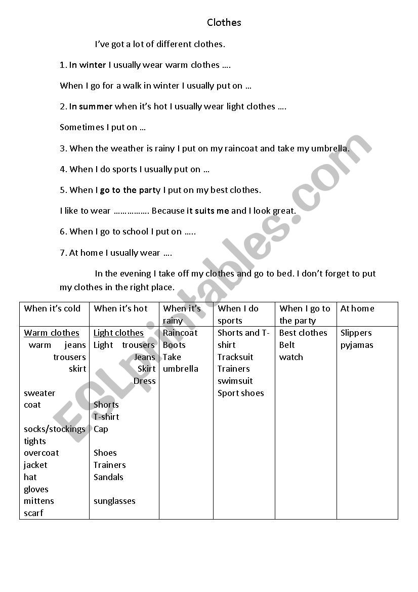 Clothes worksheet