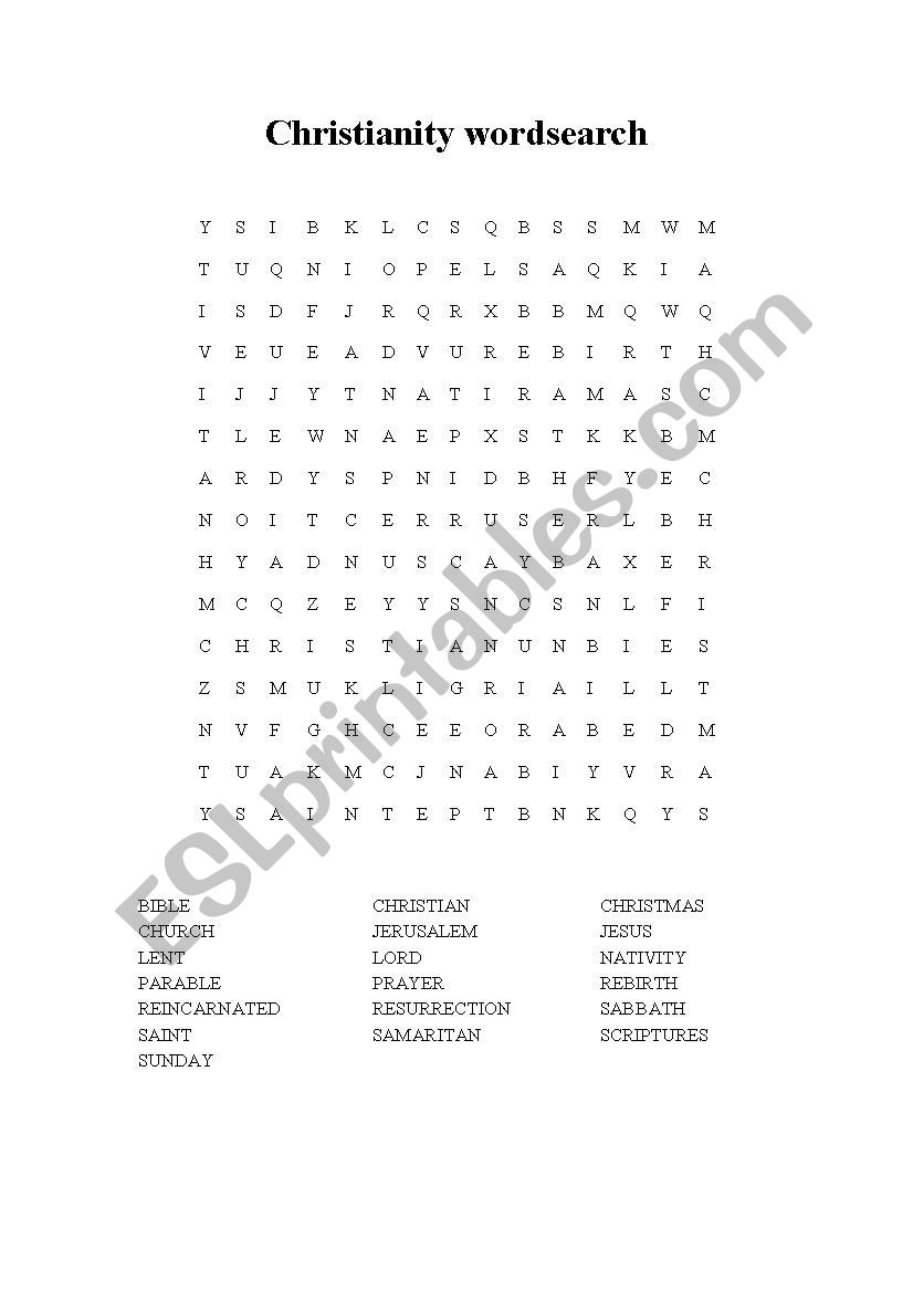 Christianity wordsearch worksheet