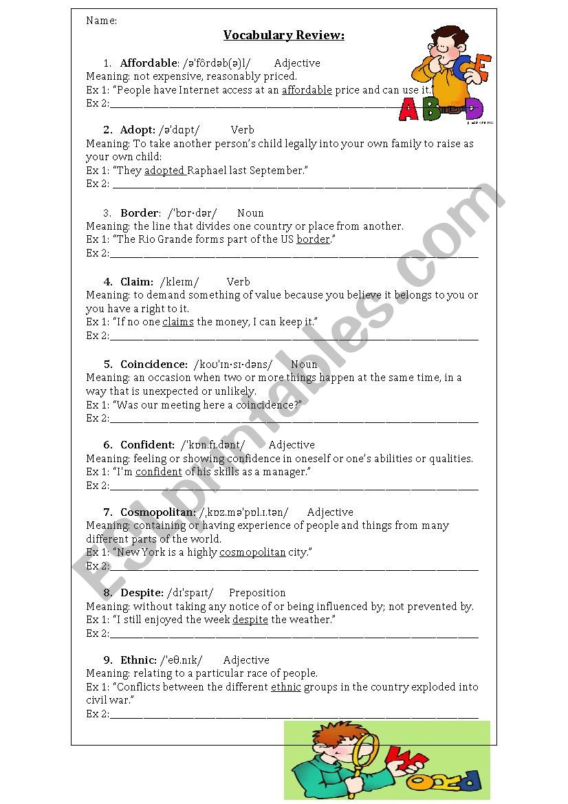 Vocabulary Review  worksheet