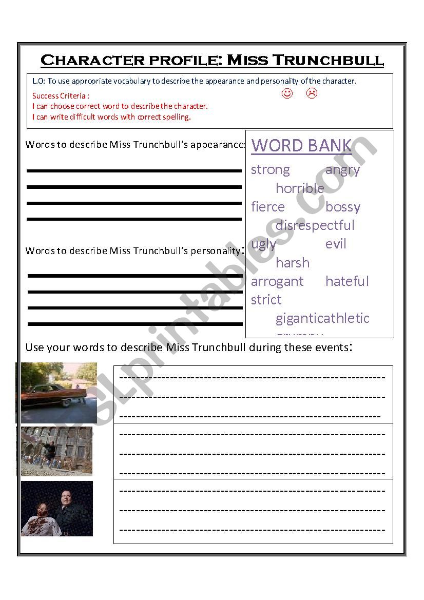 Character Description worksheet