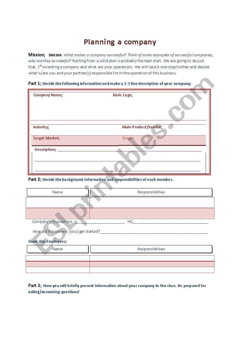 Planning a Company worksheet