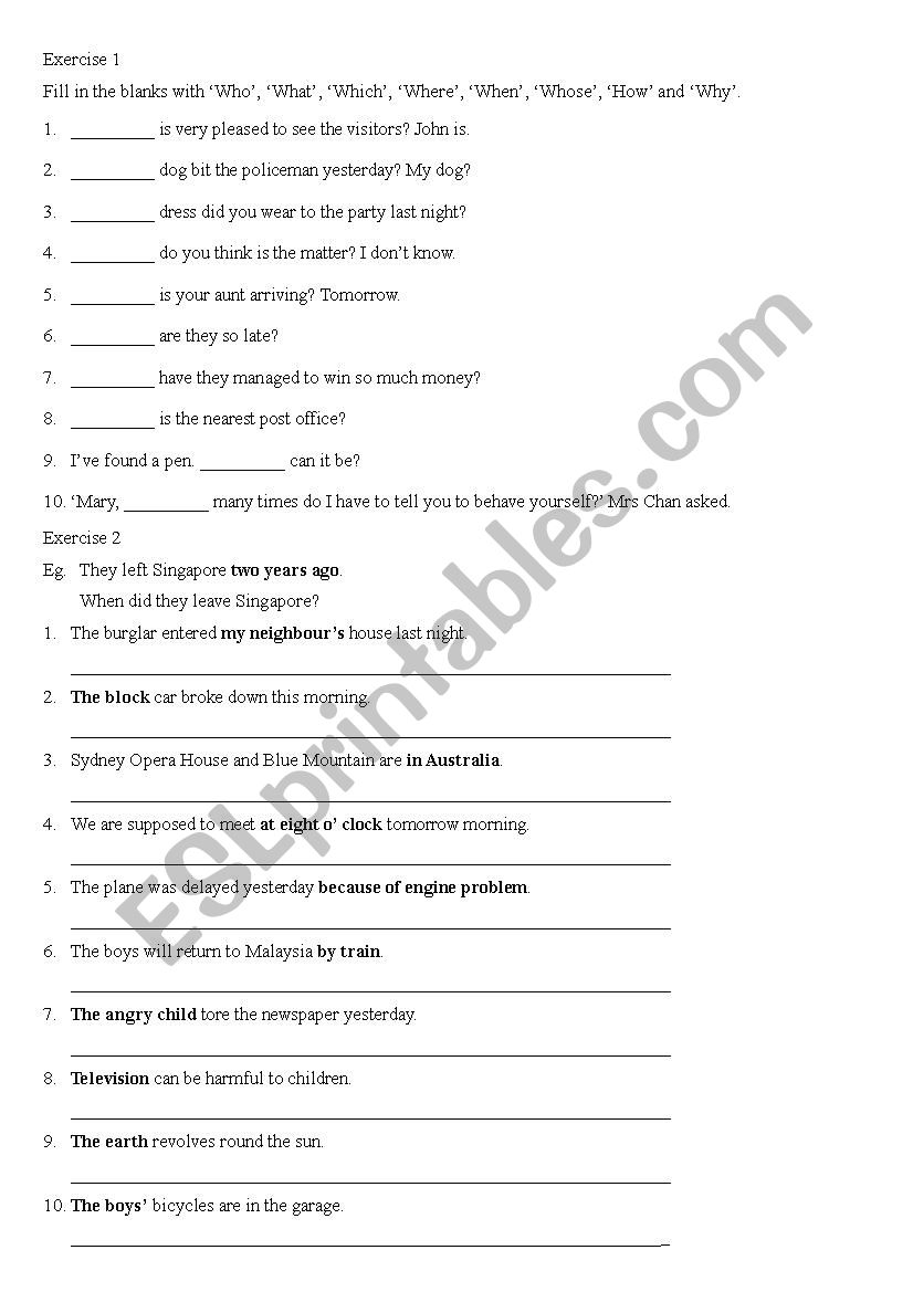 Wh question words  worksheet