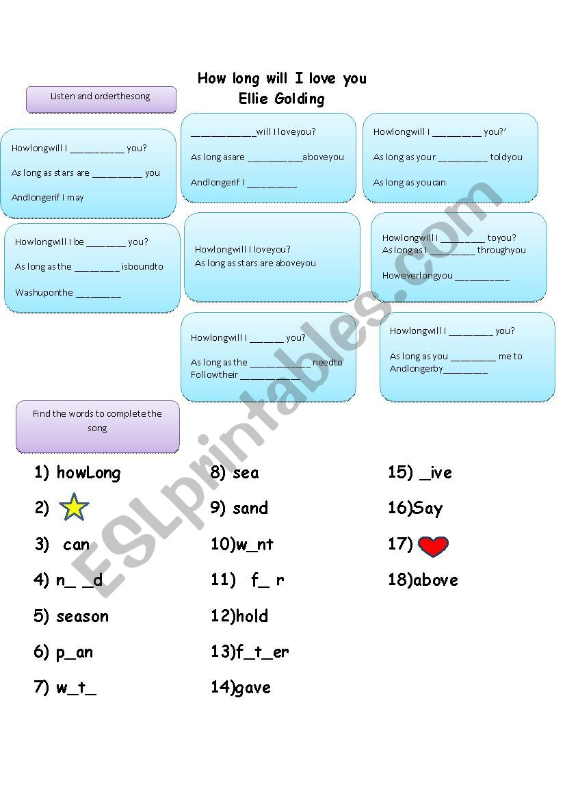  how long will I love you  worksheet