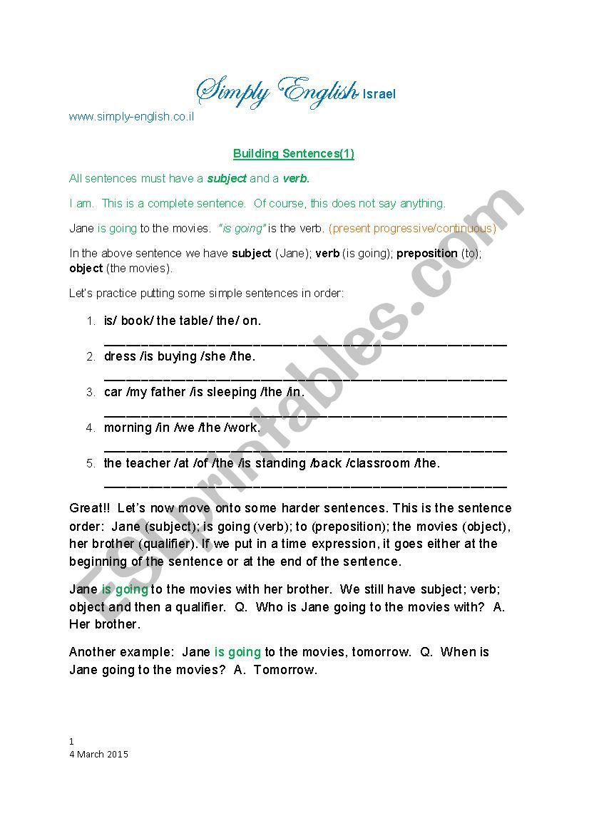 Building Sentences worksheet