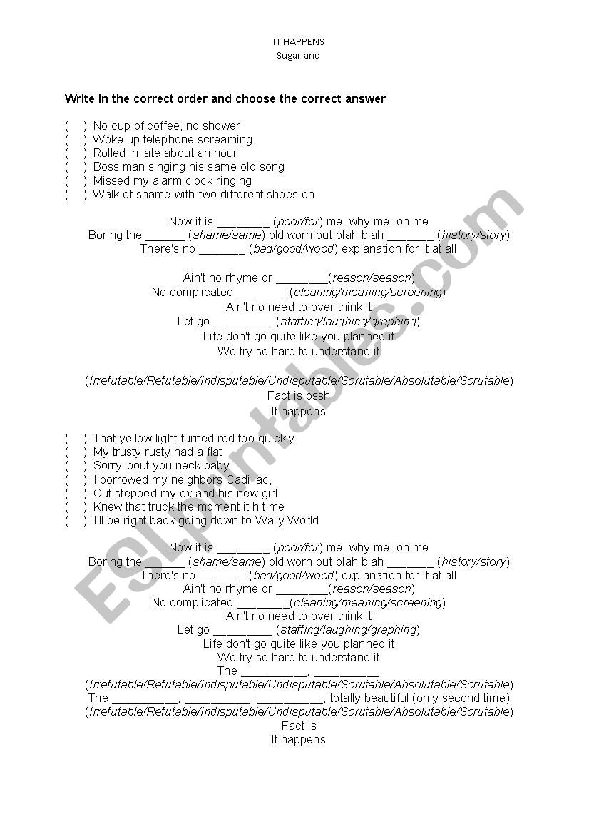 It happens -- Sugarland Song worksheet