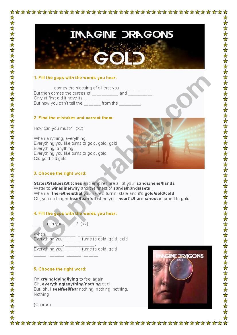 Song: Gold - Imagine Dragons worksheet