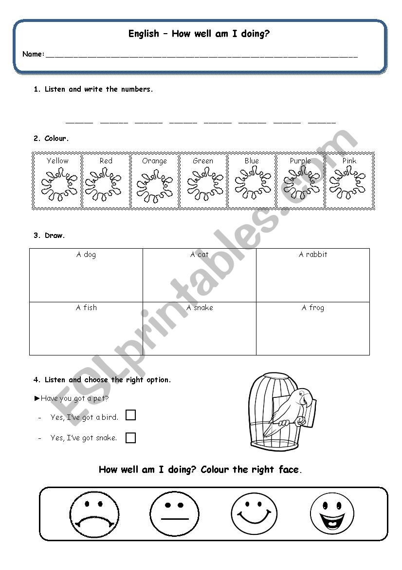 Animals, numbers and colours  worksheet