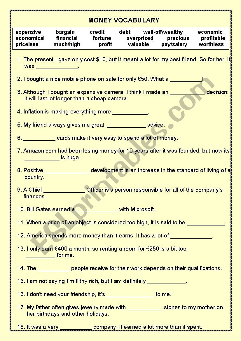 Money Vocabulary Worsheet worksheet