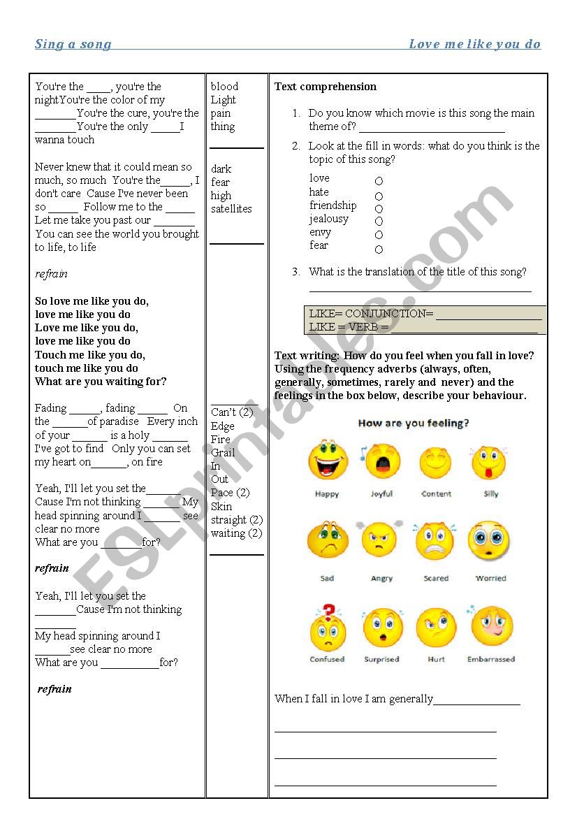 love me like you do worksheet