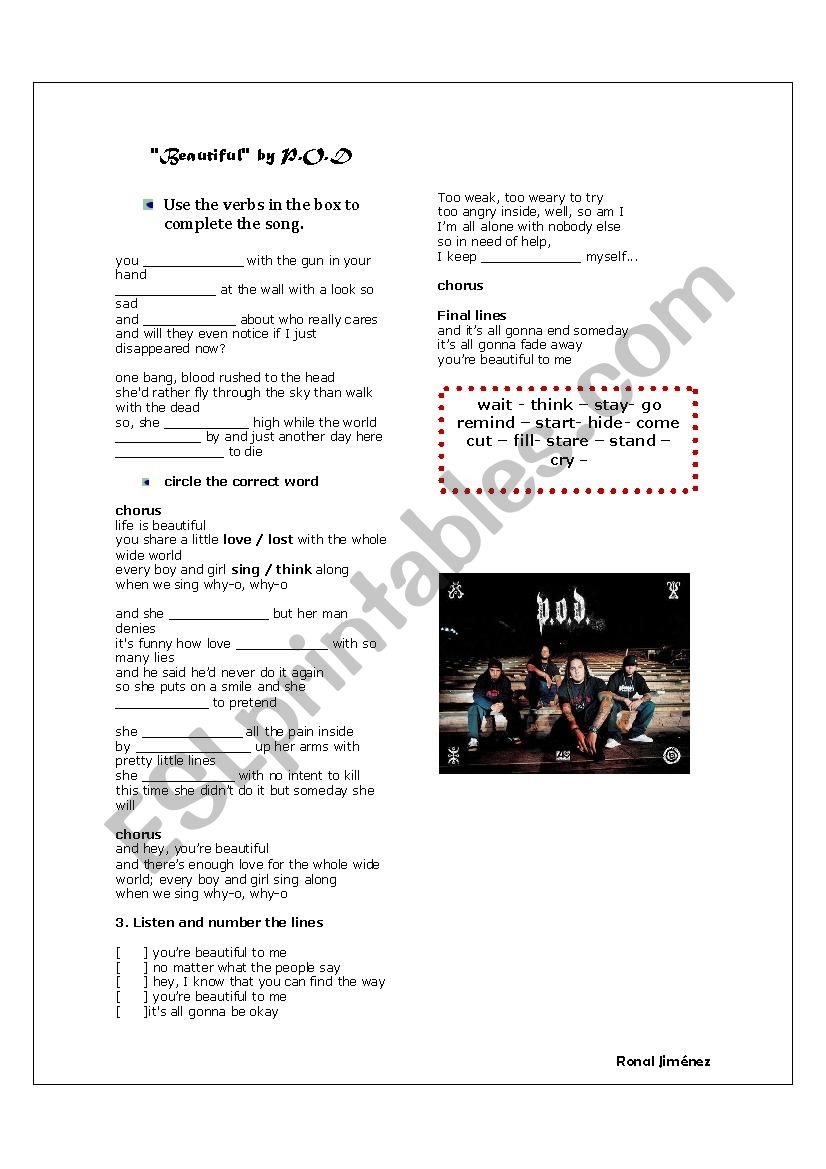 Song beautiful by P.O.D worksheet