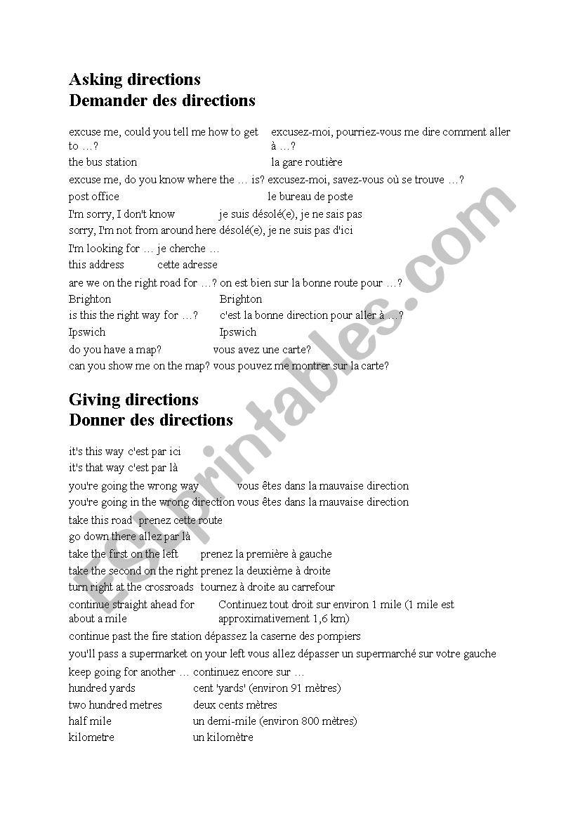 Giving and asking directions worksheet