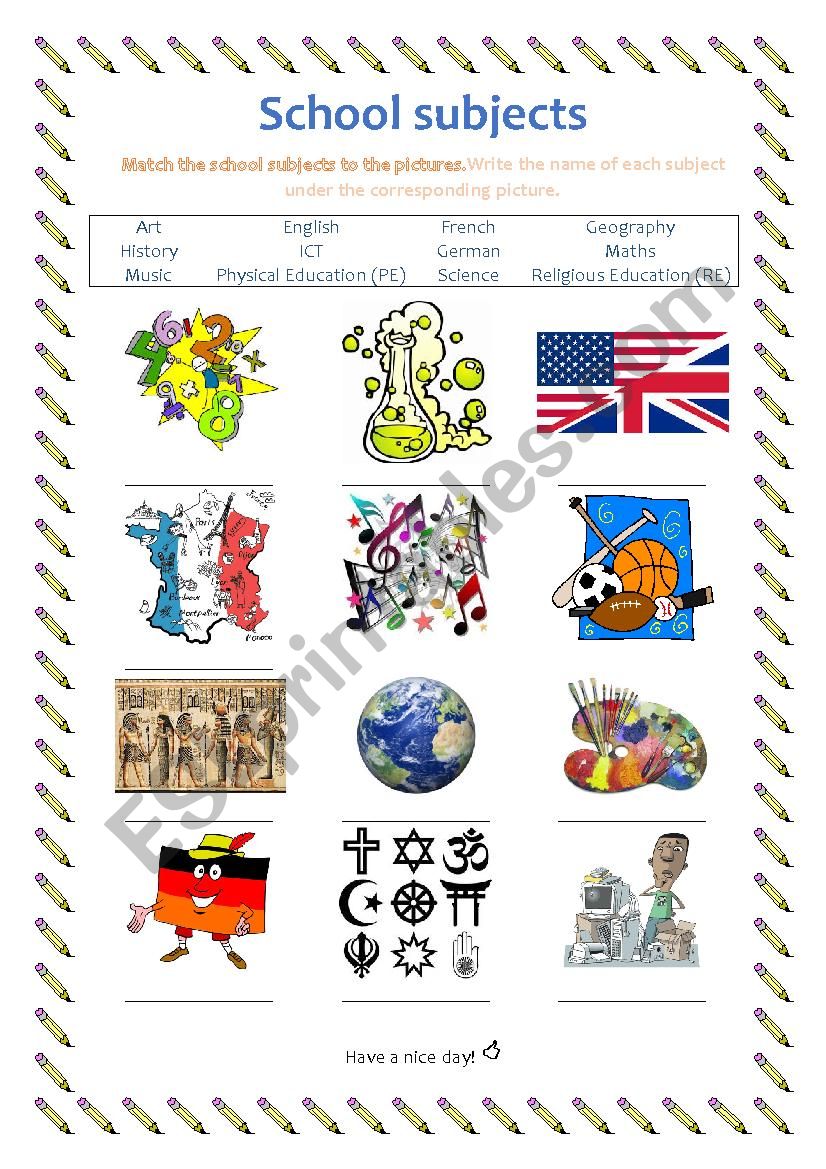 School subjects worksheet