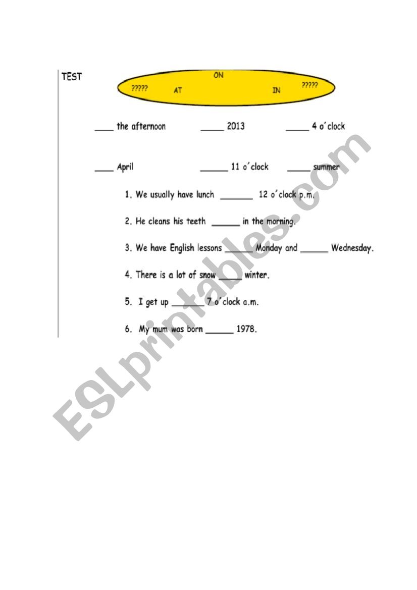 Prepositions on, in, at worksheet