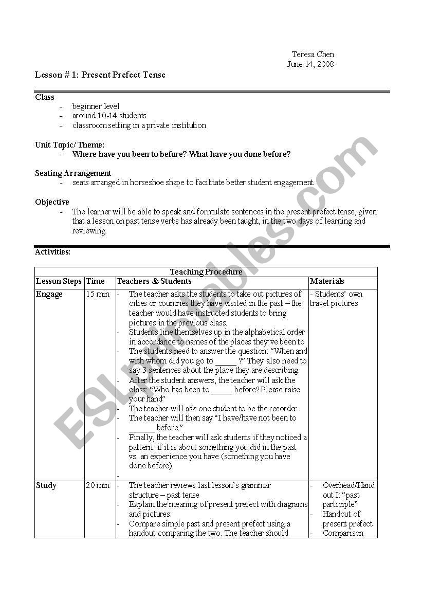 Present Perfect Lesson Plan worksheet