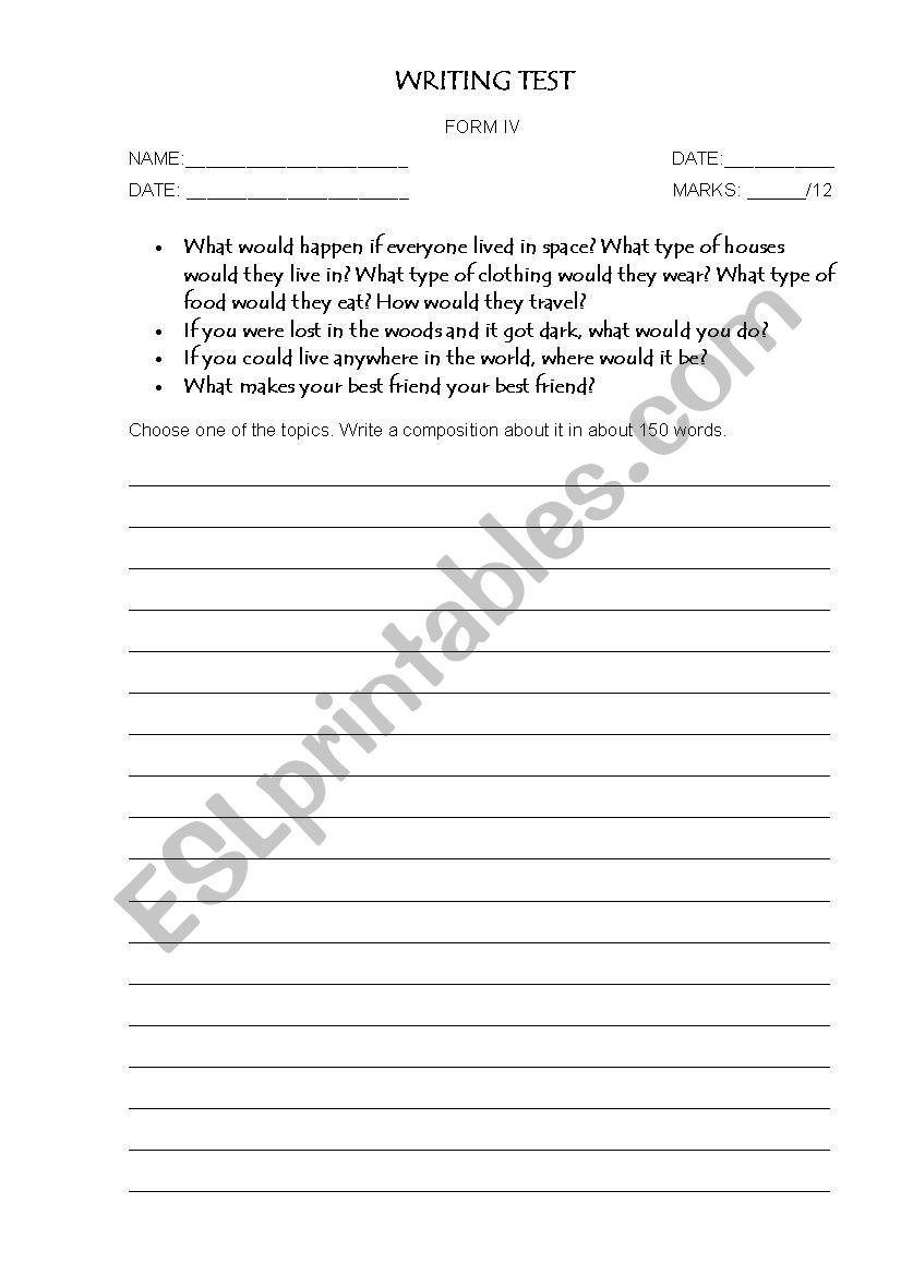 writing test worksheet