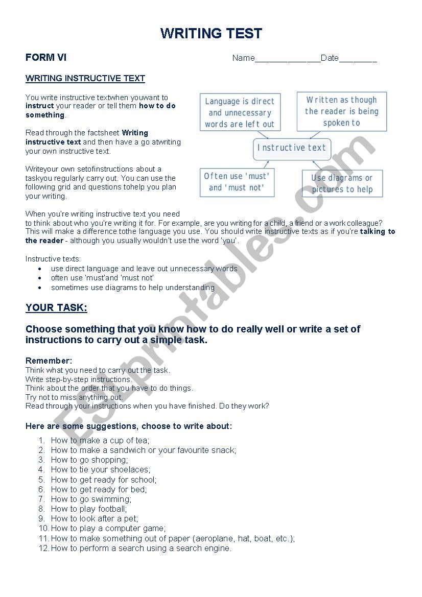 writing test worksheet