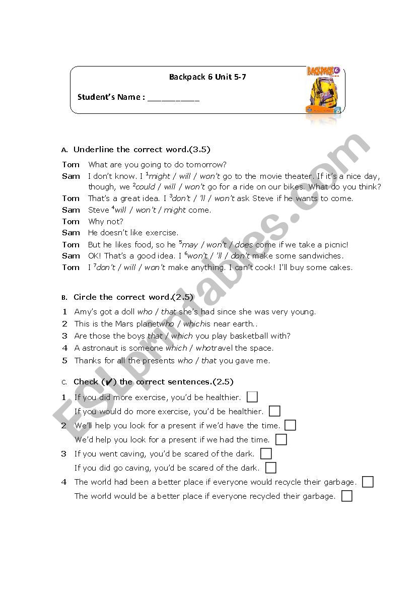 backpack 6 unit 5-7 worksheet