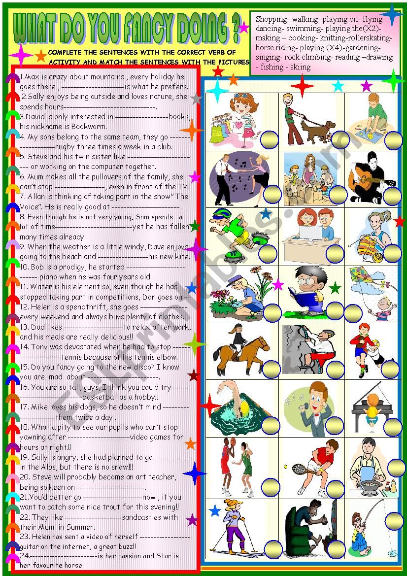 Free time activities: understanding and completing sentences