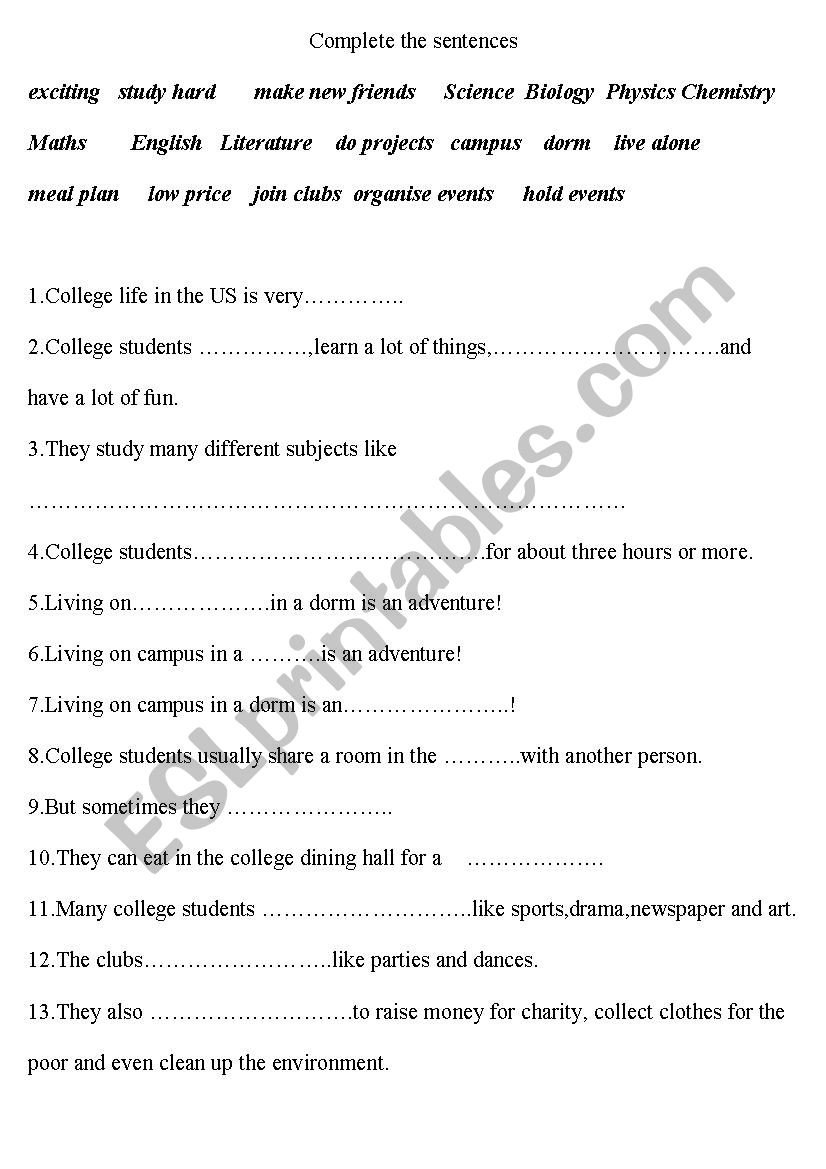 College life in USA worksheet